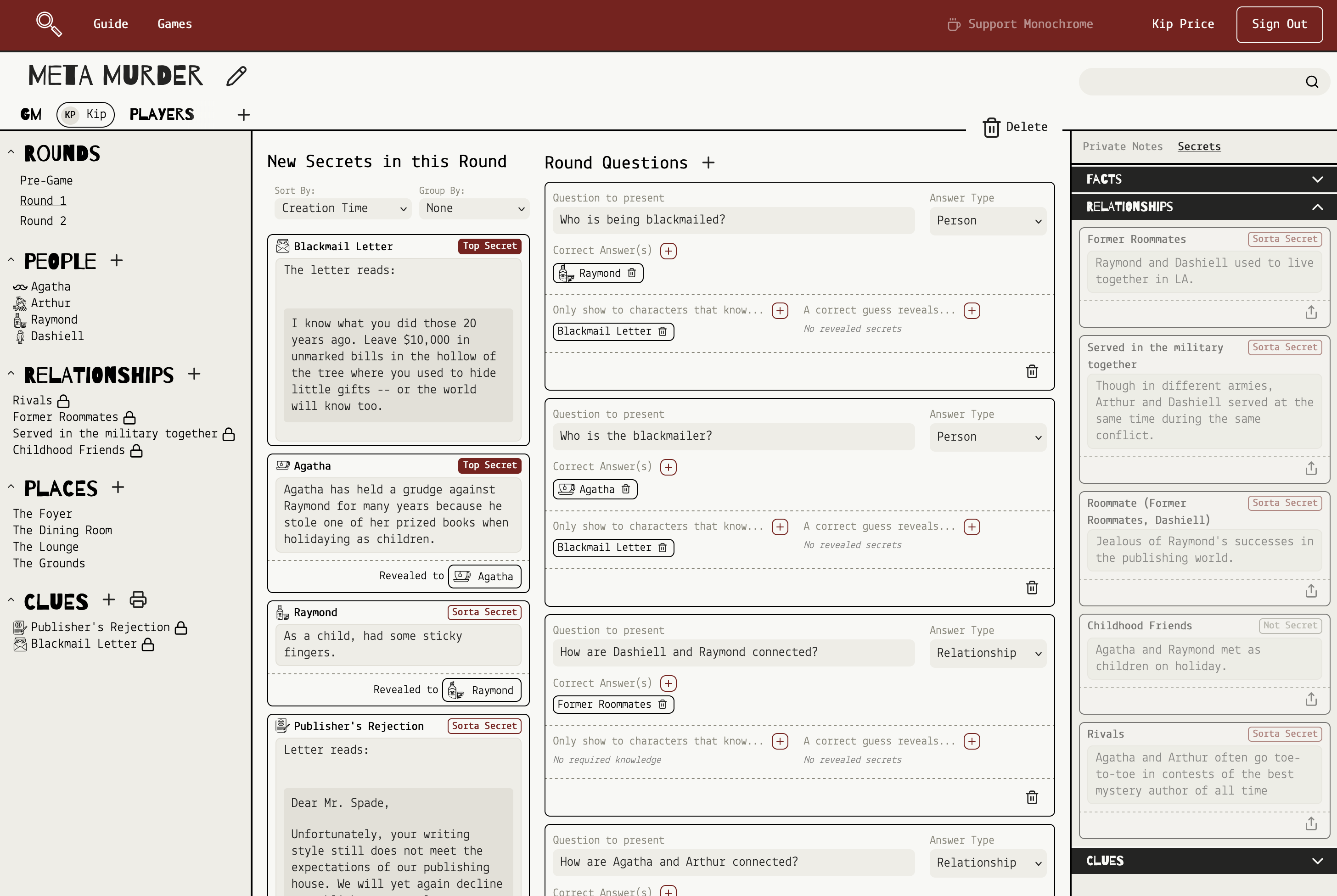 screenshot of monochrome, a digital murder mystery game